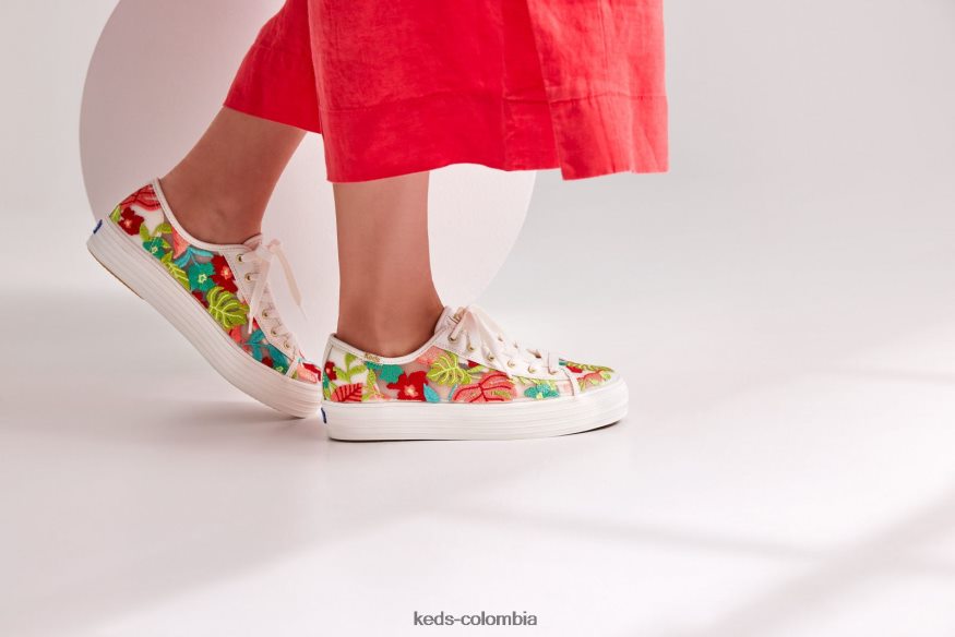 RF0RND152 tenis triple kick con bordado tropical coral blanco mujer Keds