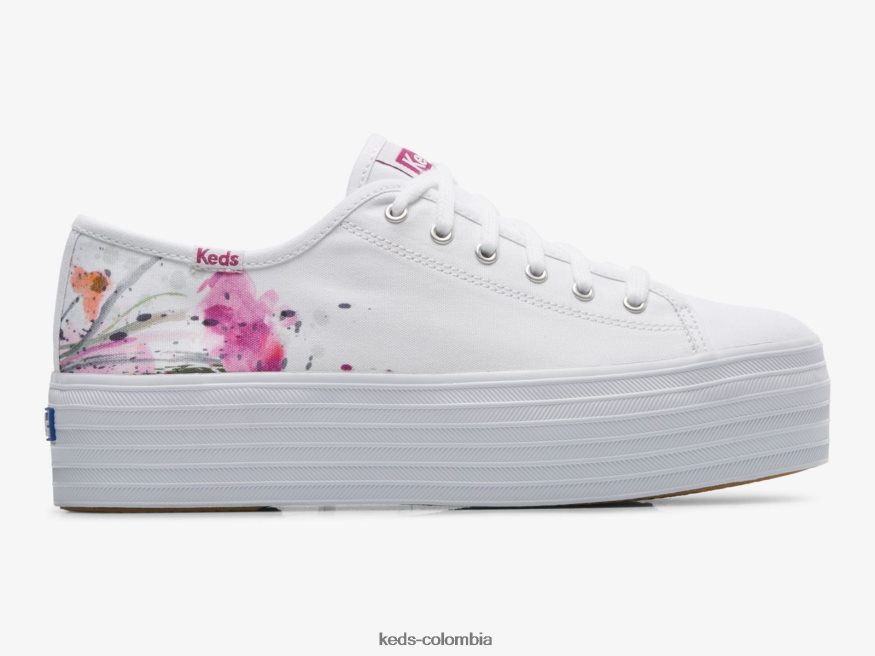 RF0RND161 zapatillas triples de lona con estampado floral y diseño pictórico blanco rosa mujer Keds