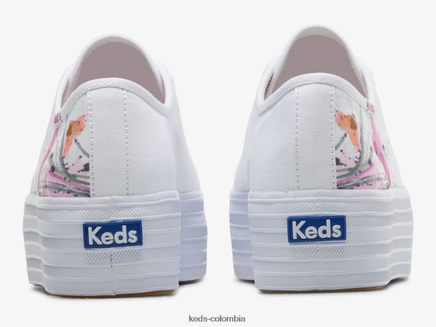 RF0RND161 zapatillas triples de lona con estampado floral y diseño pictórico blanco rosa mujer Keds