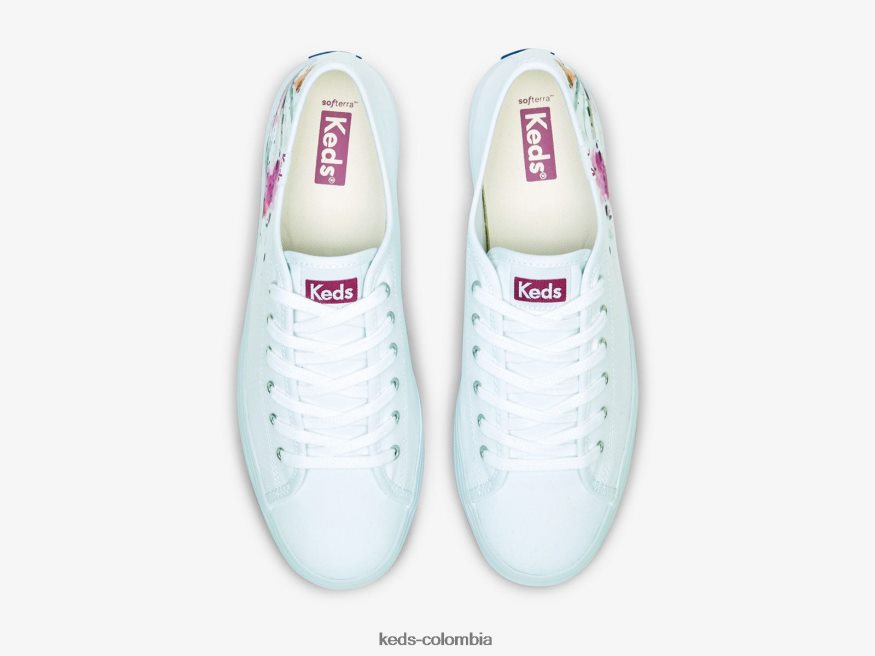 RF0RND161 zapatillas triples de lona con estampado floral y diseño pictórico blanco rosa mujer Keds