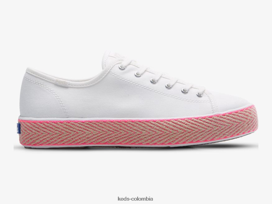 RF0RND167 zapatillas triple kick de lona y yute con foxing blanco rosa neón mujer Keds