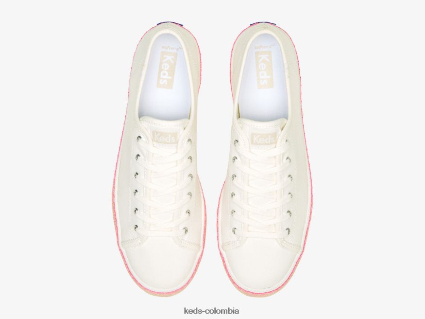 RF0RND167 zapatillas triple kick de lona y yute con foxing blanco rosa neón mujer Keds
