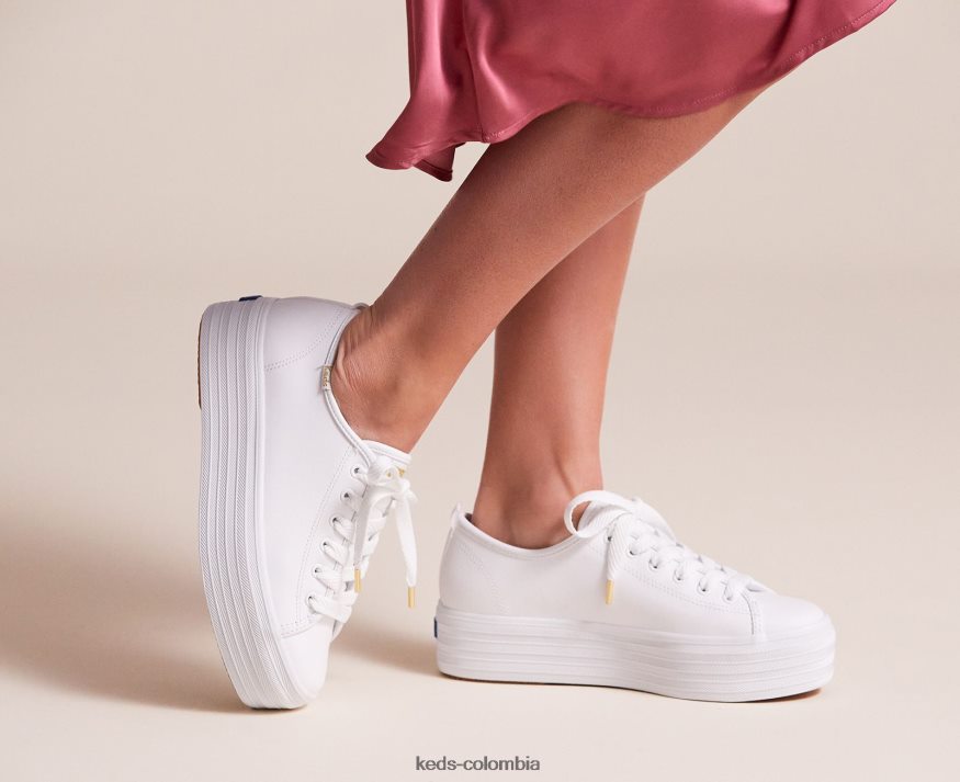 RF0RND90 zapatillas triples de cuero blanco mujer Keds
