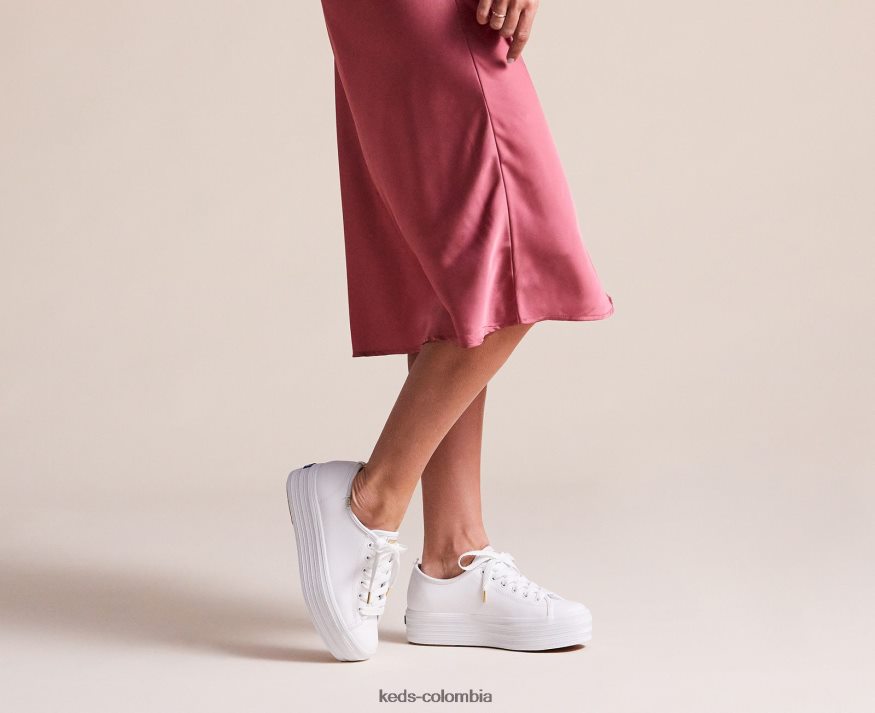RF0RND90 zapatillas triples de cuero blanco mujer Keds